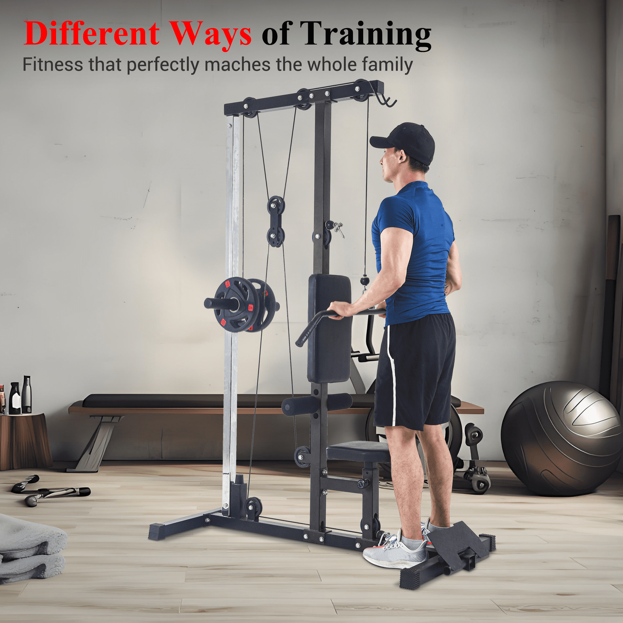 LAT Power Cable Machine, LAT Pull Down Machine with High and Low Pulley Station and Adjustable Leg Support, Back Exercise Equipment for Home Gym Body Strength Training