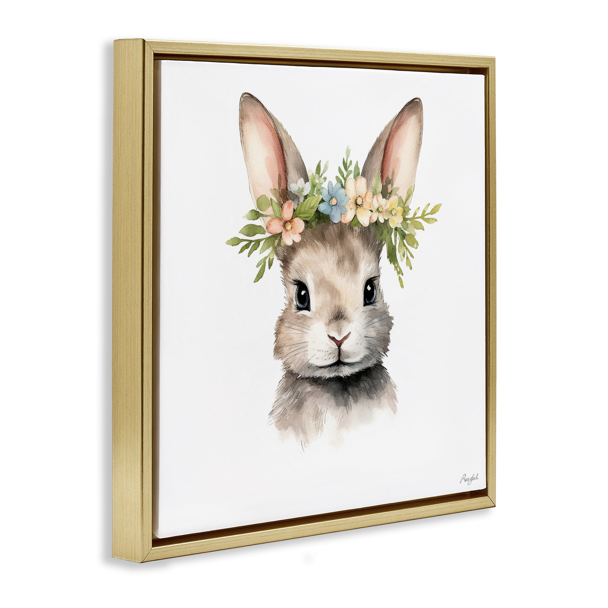 Stupell Industries Woodland Rabbit Flower Crown Gold Framed Floater Canvas Wall Art, design by Roozbeh