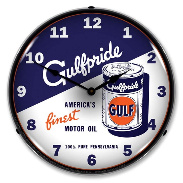 Reloj de pared coleccionable con letrero y reloj Gulfpride Motor Oil