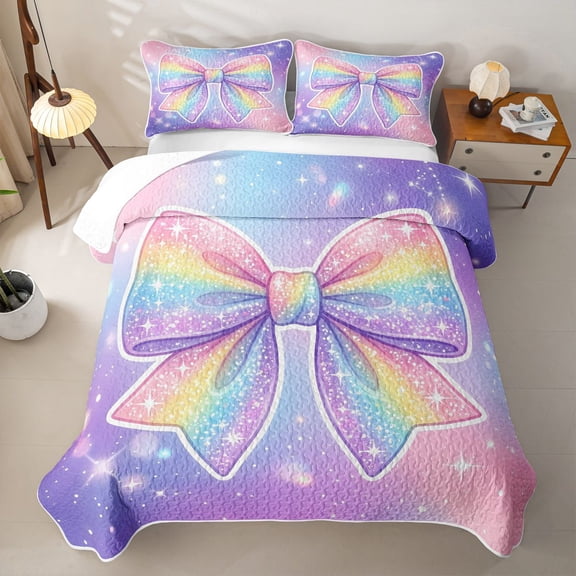 spefrowx Sparkly Rainbow Bow Twin Quilt Set for Teens, Dreamy Glitter Star Print Twin Coverlet Set, 2-Piece