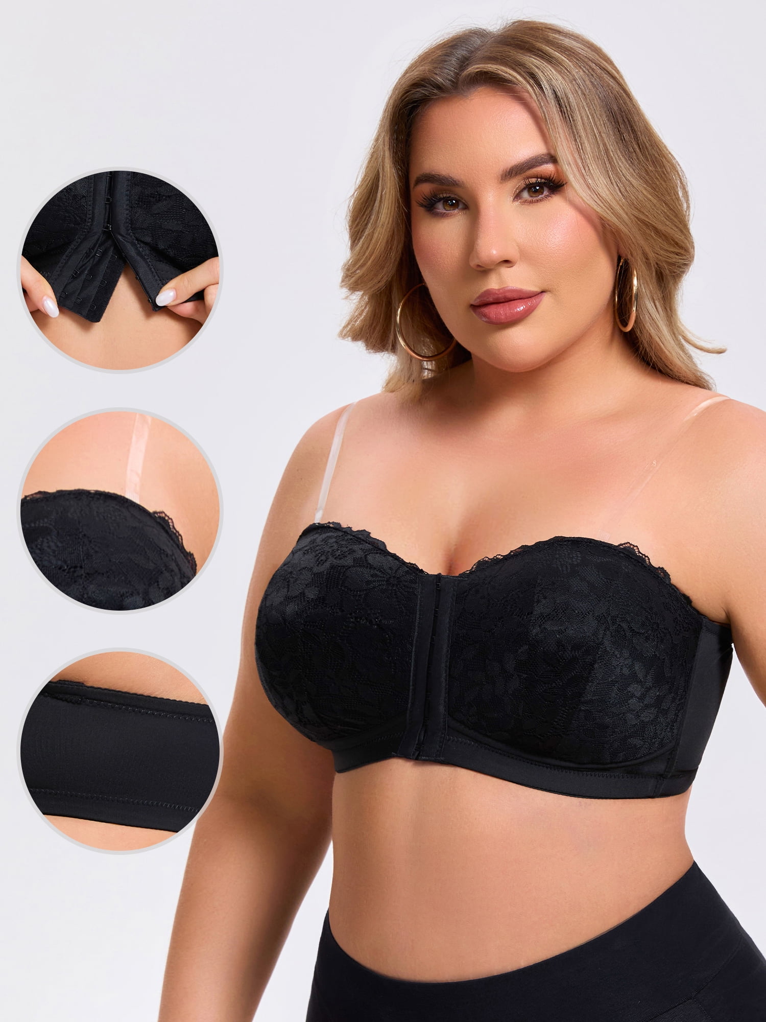 DARING DIVA Women's Lace Tube Front Closure Push Up Padded Underwire Bra 4XL Black