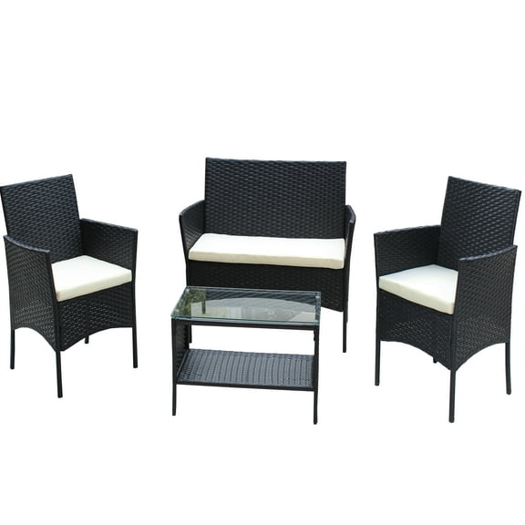 4 Pieces Patio Furniture Set, Outdoor Furniture with Cushioned Rattan Chair Wicker Sofa, Conversation Set with Table for Backyard, Poolside, Porch, Beige