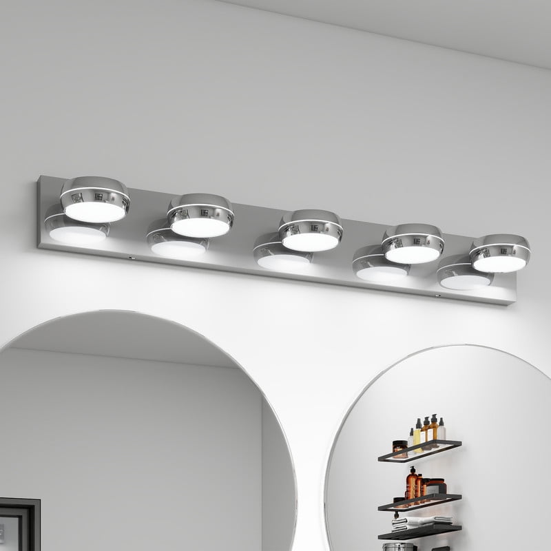 TICOZE 35.4" Modern Chrome LED Vanity Light - 5-Light Bathroom Mirror Fixture, 18W Dimmable Lighting, Touch Control & Water-Resistant Design
