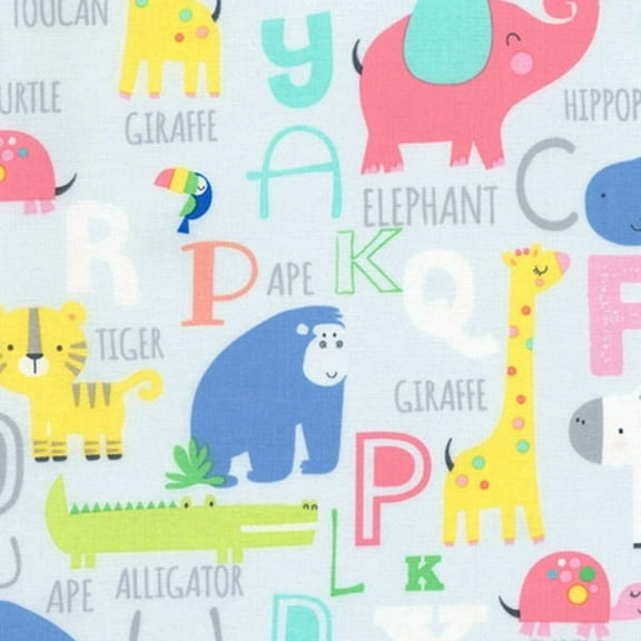 Timeless Treasures Grey Rainbow Animal Alphabet 100% Cotton Fabric sold by the yard