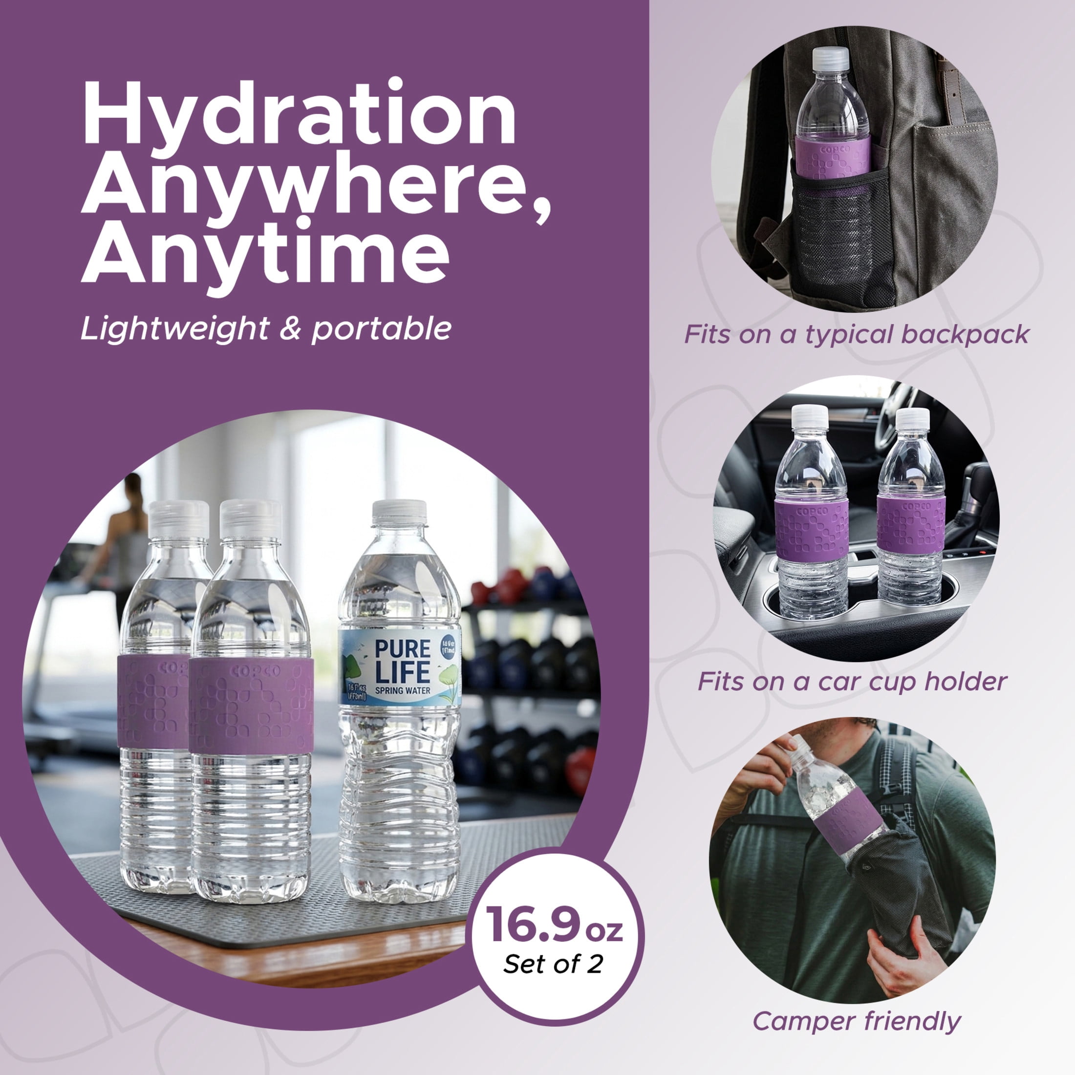 Copco Hydra Reusable Water Bottles, Set of 2, Non-Slip Sleeve, Spill Resistant Lid, Clear Water Bottles for School, Gym, & Travel, 16 Oz (Purple)