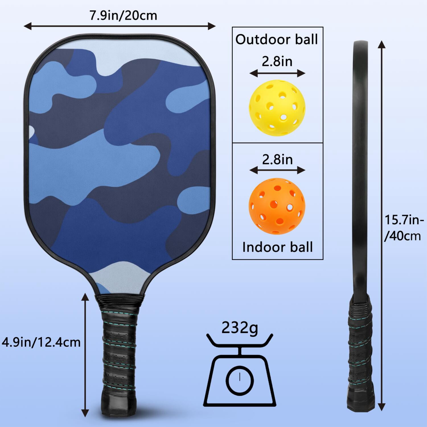 Pickleball Paddles Set Of 1, Fiberglass Surface, Camouflage Print, 1 Paddle, 2 Balls & Bag