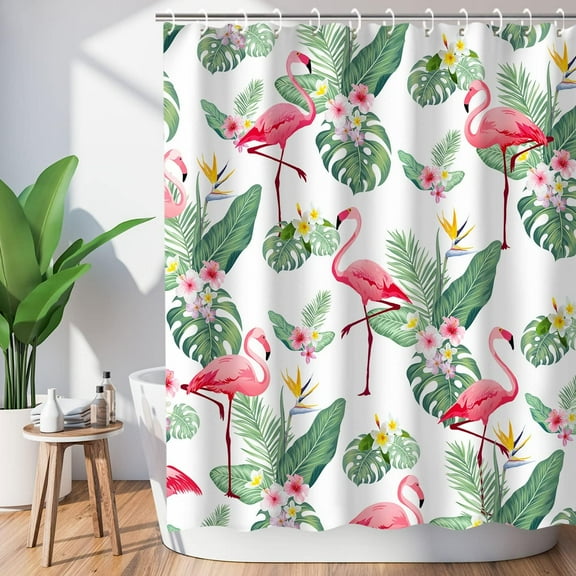 Flamingo Shower Curtain for Bathroom Palm Leaf Shower Curtain Tropical Shower Curtain Set with Hooks Tropical Bathroom Decor Pink Flamingo Gifts Green Leaf Shower Curtain, 72" W x 72" H