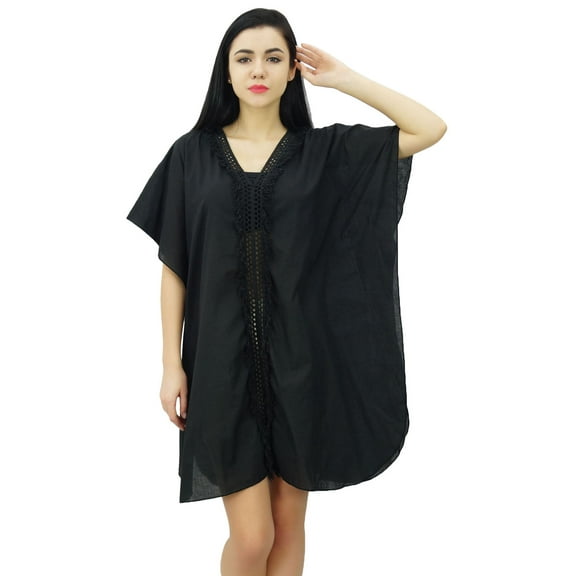 Bimba Womens Cotton Kaftan Short Caftan Sheer Lace Front Beach Coverup