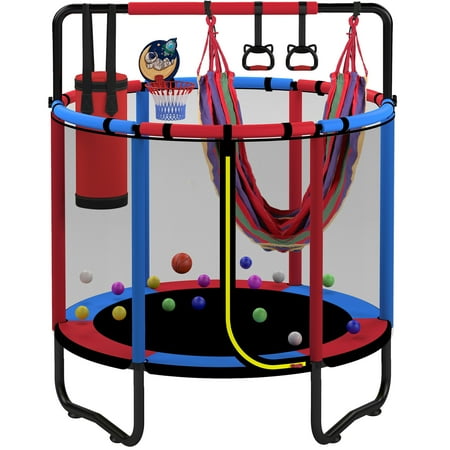 Mini Trampoline for Kids with Basketball Hoop, SEGMART 55'' Indoor Outdoor Toddler Trampoline with Enclosure Net, Swing, Sandbag, Ring, Ocean Balls, Round Small Trampoline Gift for Boys Girls, Blue
