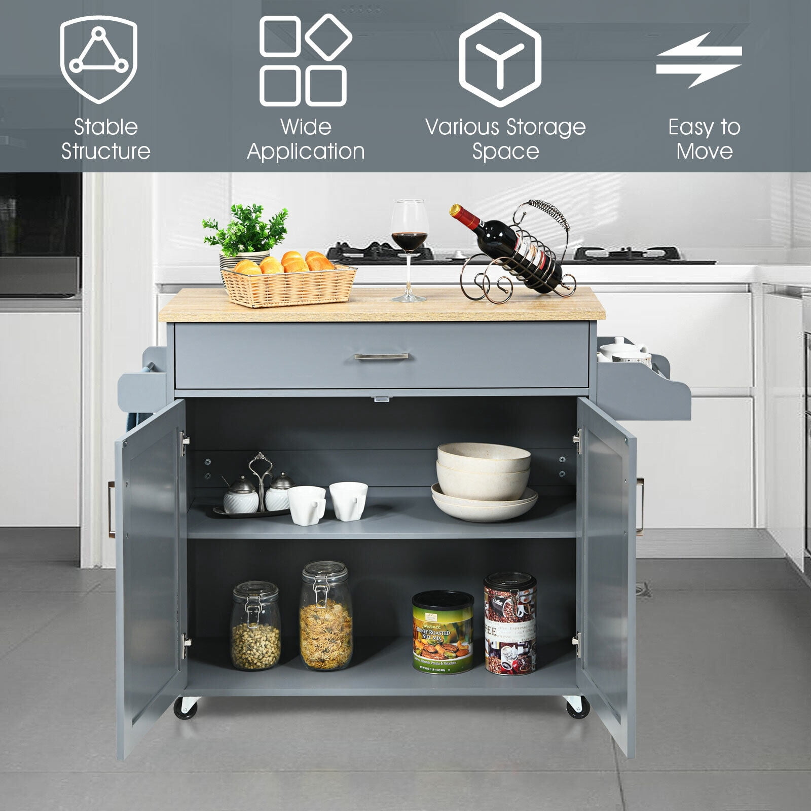 Amijoy Rolling Kitchen Island Cart with Storage, Serving Trolley Cart with Towel Rack, 3-Level Adjustable Shelf & Lockable Wheels, Mobile Island Table