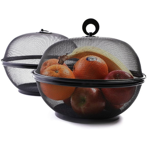 2 Pack Black Mesh Fruit Baskets with Lids for Fruits, Restaurant Kitchen Produce Containers (10 In)
