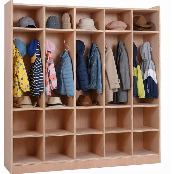 Goldensoil 5-Section Coat Locker, 15 Cubbies, 5 Hooks, 4 Casters & 2 Storage Boxes, 47.6 x 11.7 x 48.4", Oak