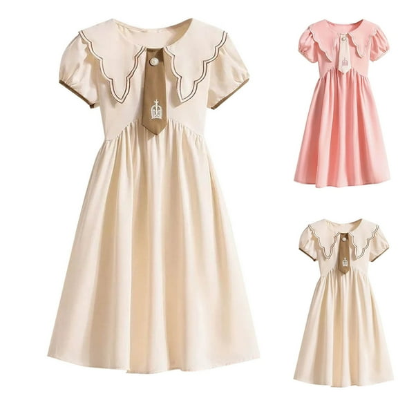 Agkizg Girls Short Sleeve Dresses Crewneck Solid Color Casual A Line Cottons Girl Sundress Dresses