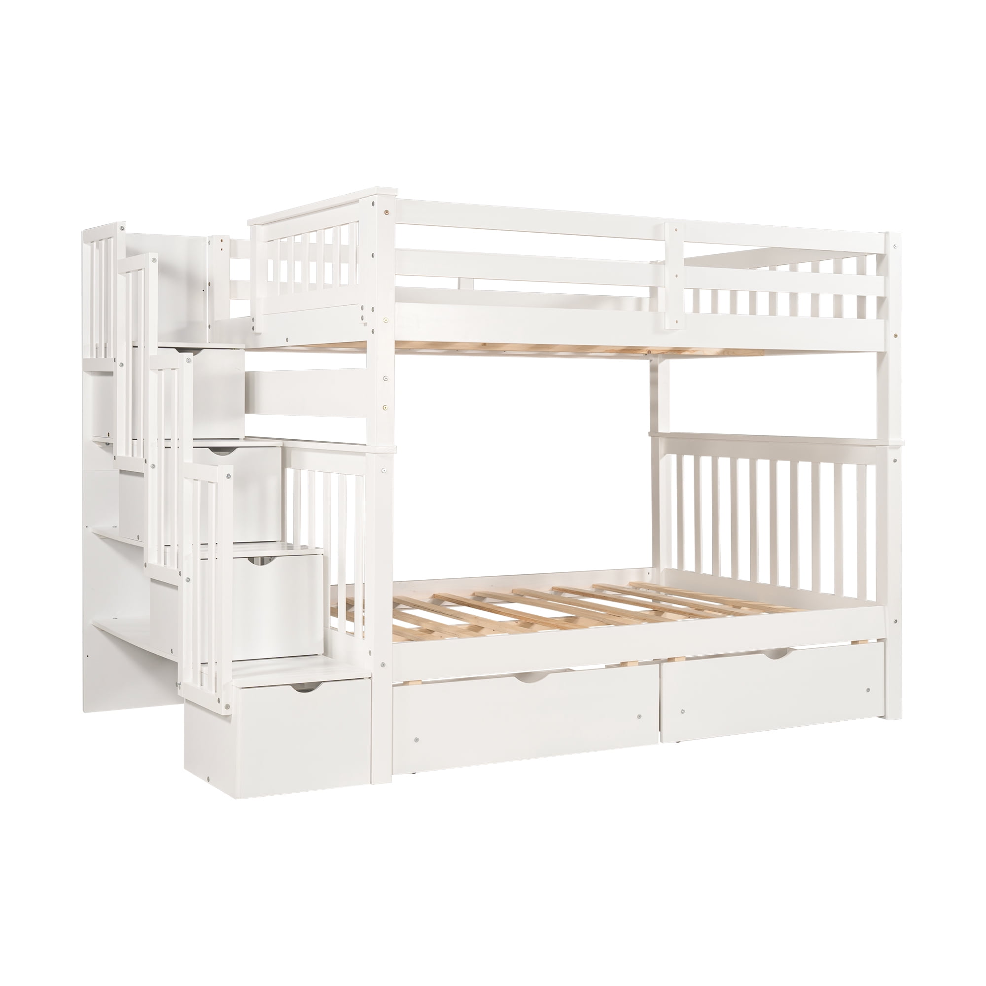 Kepooman Full Over Full Modern Wooden Bunk Bed with Shelves & 6 Storage Drawers, 96.8" * 56.7" * 67", White Kepooman Full Over Full Modern Wooden Bunk Bed with Shelves & 6 Storage Drawers, 96.8" * 56.7" * 67", White