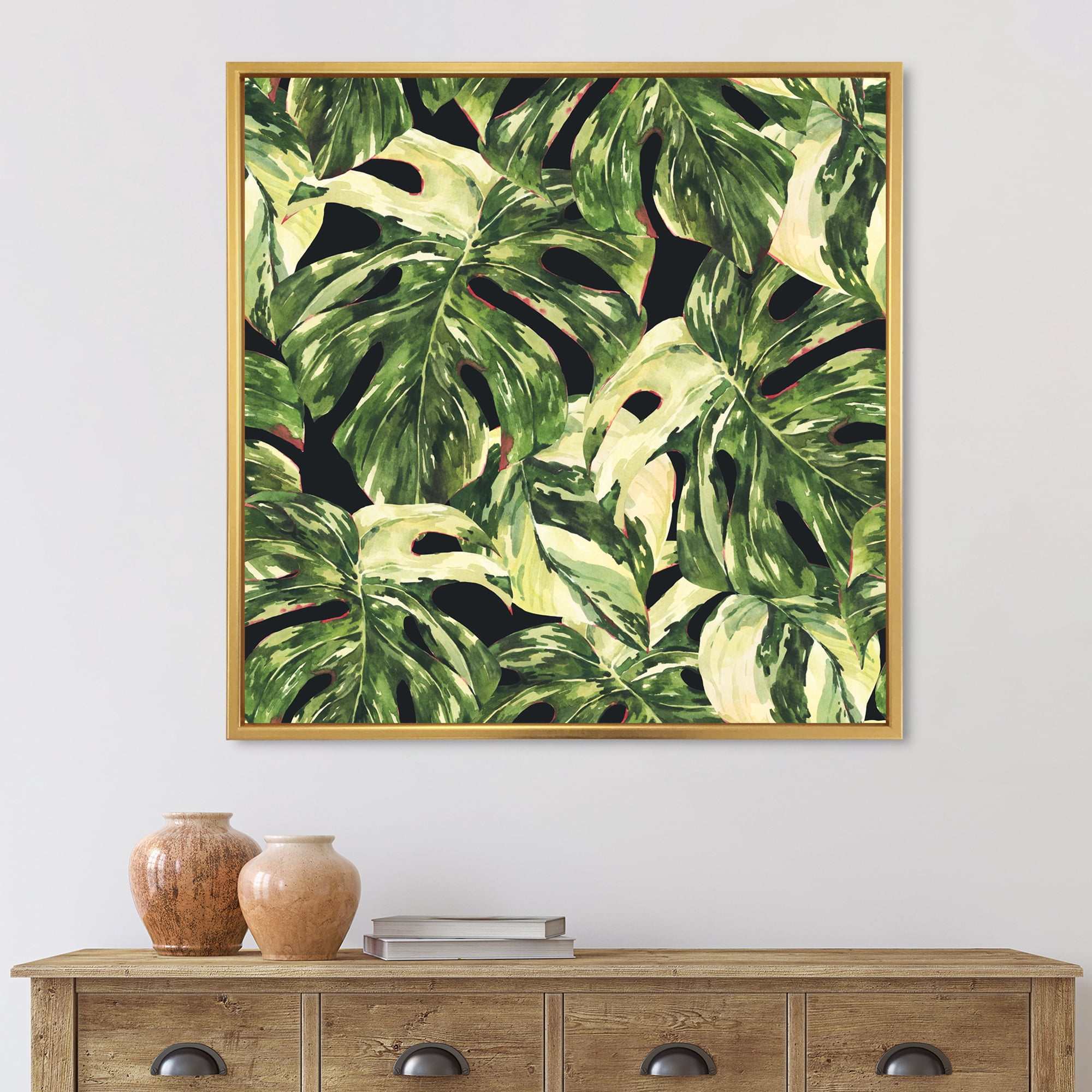 Designart 'Natural Green Leaves Exotic On Dark II' Tropical Framed Canvas Wall Art Print
