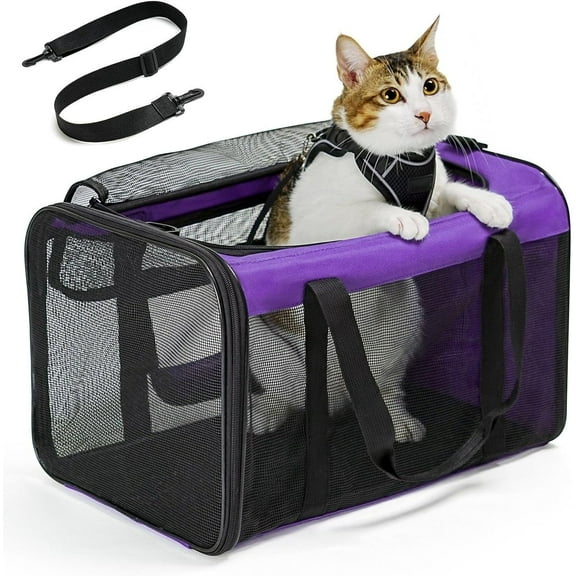 Conlun Cat Carrier,Soft-Sided Cat Carriers with 4-Sided Mesh,Airline Approved Pet Transport Carrier,Collapsible Cat Travel Carrier-Purple