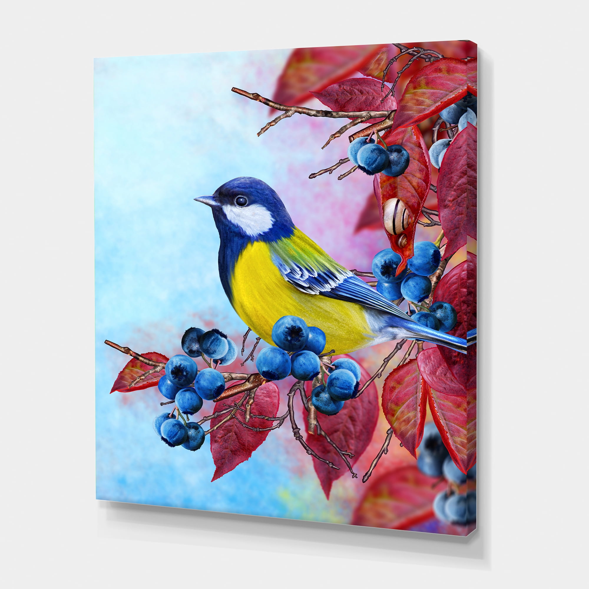 Bright Bird Bullfinch Sitting On A Branch of Berries II 12 in x 8 in Painting Canvas Art Print, by Designart