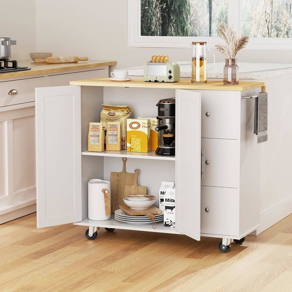 40" Rolling Kitchen Island Cart with Drawers and Cabinet, White