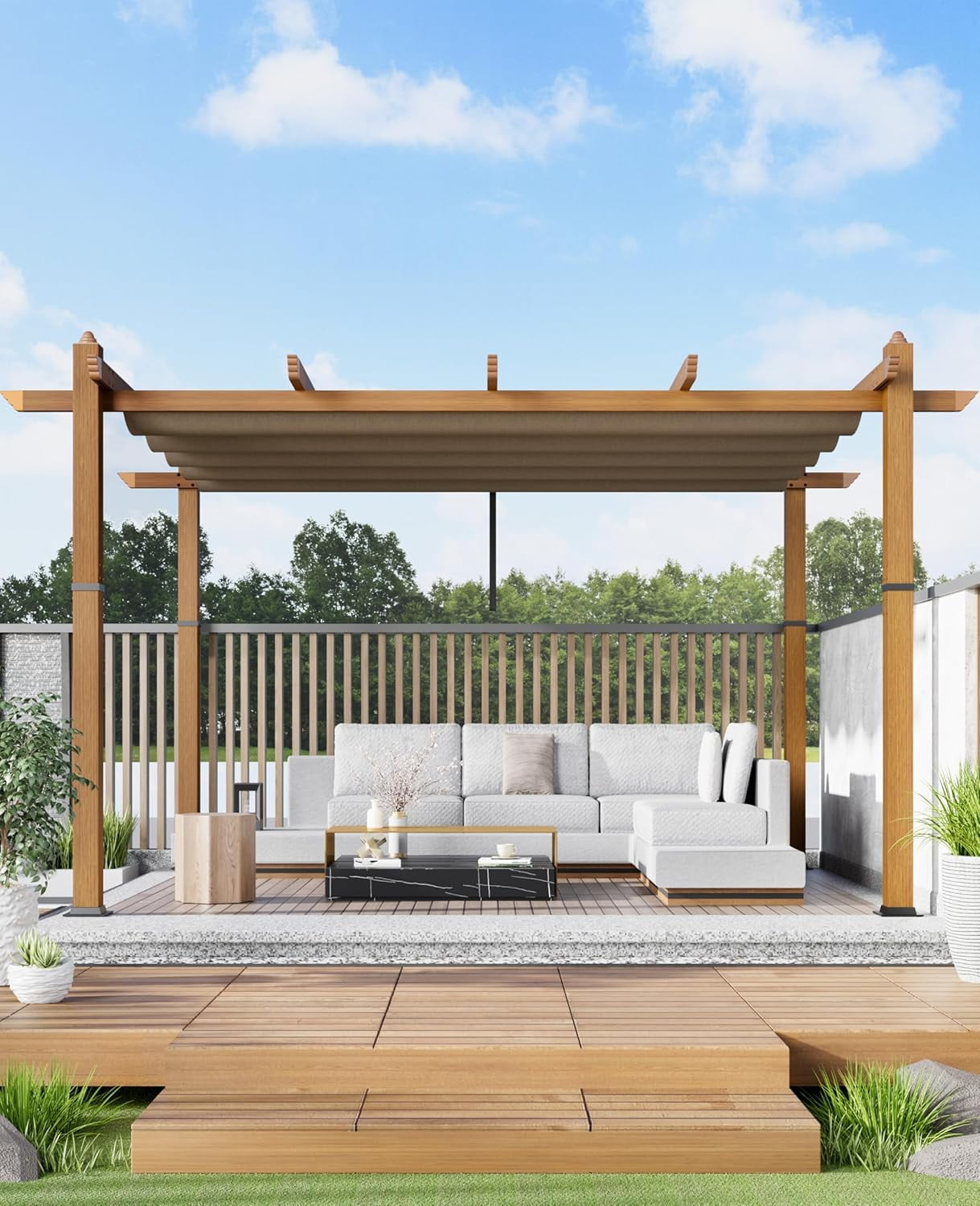 10x13 Ft Aluminum Pergola,Outdoor Metal Gazebo with Adjustable Canopy,Reinforced Frame Outdoor Shelter for Backyard,Patio Lawn and Deck - Wood grain khaki