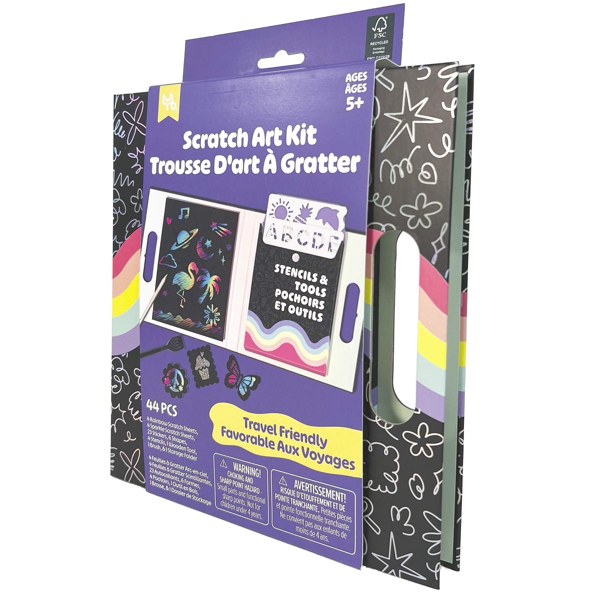 Little Yellow Bicycle: Scratch Art Kit - 4 Rainbow & 4 Sparkle Sheets, Stickers & Shapes, 4 Stencils, Scratch Tool & Brush, Travel Folder, Kid 5+