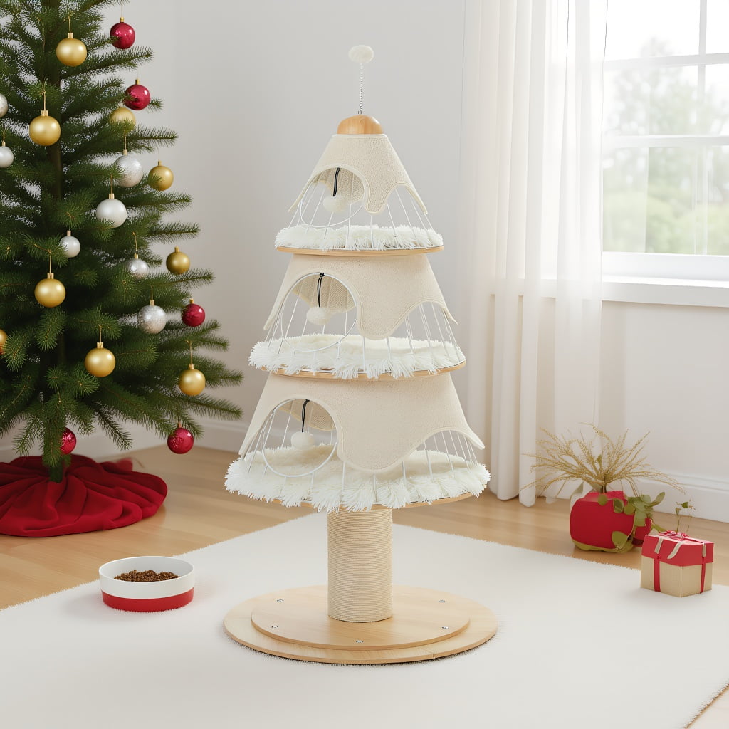 Pefilos 51" Modern Wood Cat Tree Tower, Cat Christmas Tree w/Thick Scratch Post(φ5.4in), 3 Condos-Heavy Duty Furniture w/Metal Frame & Replaceable Mat, White