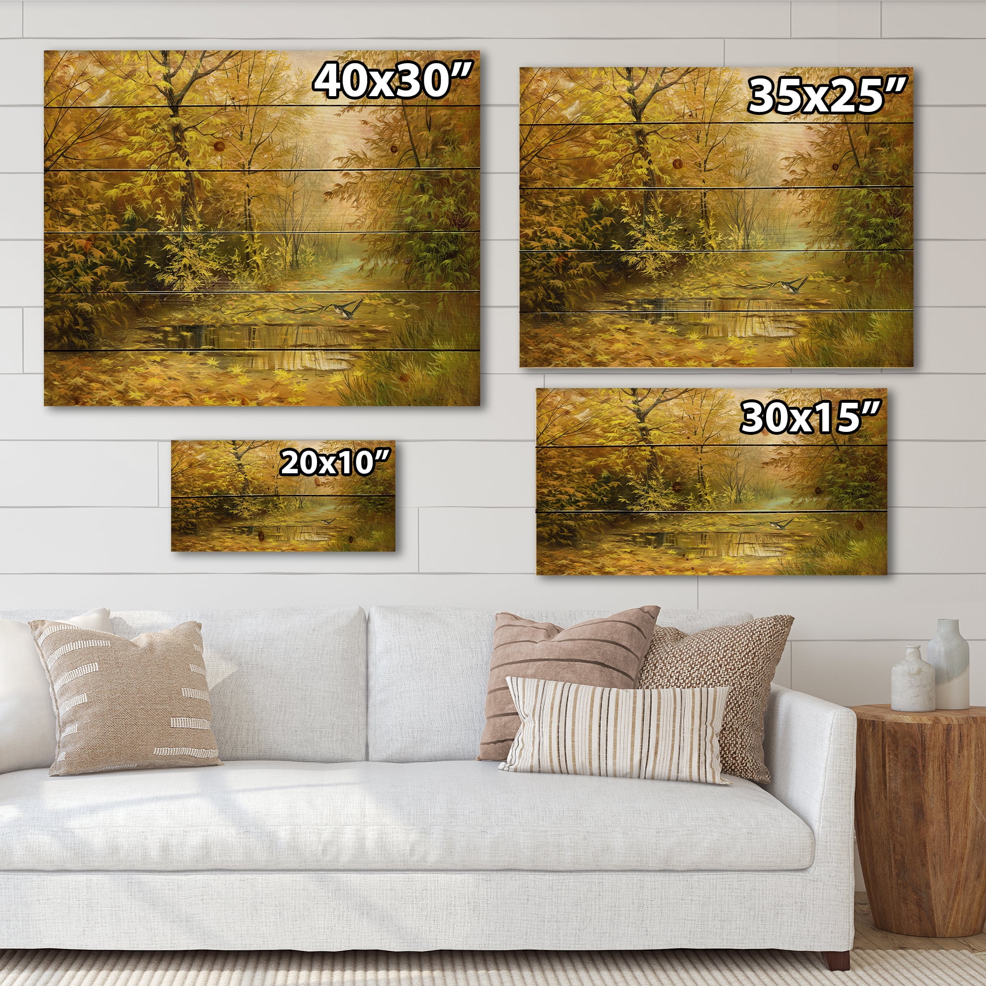 Designart 'Rain Water On Road In Yellow Woodlands' Country Print on Natural Pine Wood