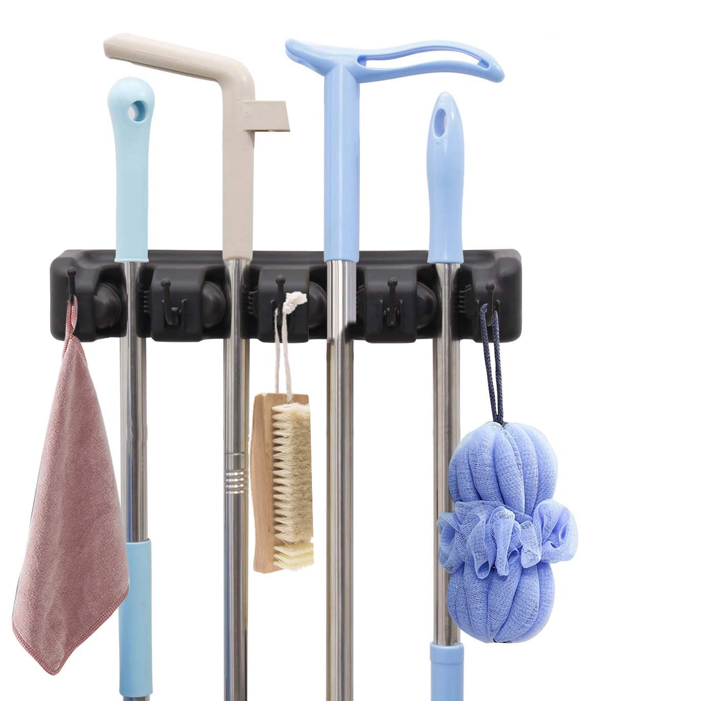 2 Packs Mops and Broom Hanger for Bathroom Kitchen Garden and Garage Mop Broom Holders with Hooks Self Adhesive Wall Mounted Home Organizer & Tool Storage Mops Hooks with Spring Clip