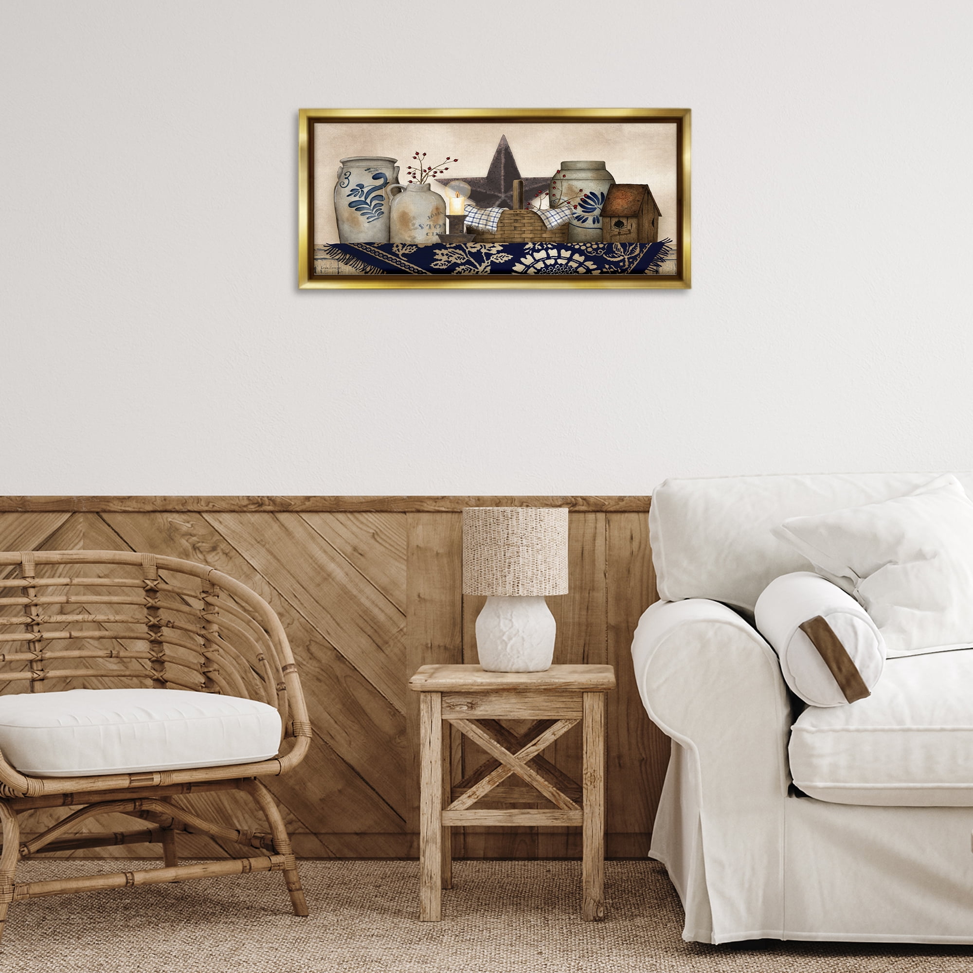 Stupell Industries Rustic Pottery Jars Botanical & Floral Painting Gold Floater Framed Canvas Art Print Wall Art, 25 x 11