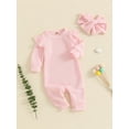 thumbnail image 3 of FEORJGP Toddler Baby Girl Waffle Rompers 0 3M 6M 12M 18M Infant One-piece Jumpsuits Solid Color Ruffled Long Sleeves Bodysuits Round Neck Playsuits Fuute Causal Basic Clothes for Spring Fall, 3 of 7