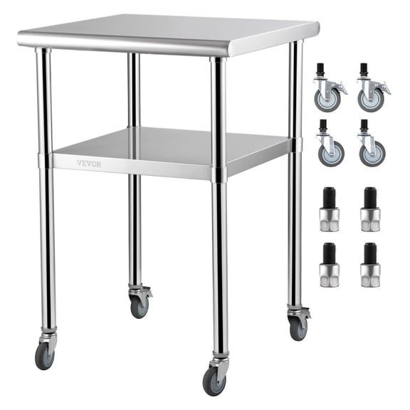 Stainless Steel Prep Table 24x24x36 Inch - 600lbs Capacity Heavy Duty Work Table with Adjustable Shelf & Wheels - Commercial Kitchen Workstation