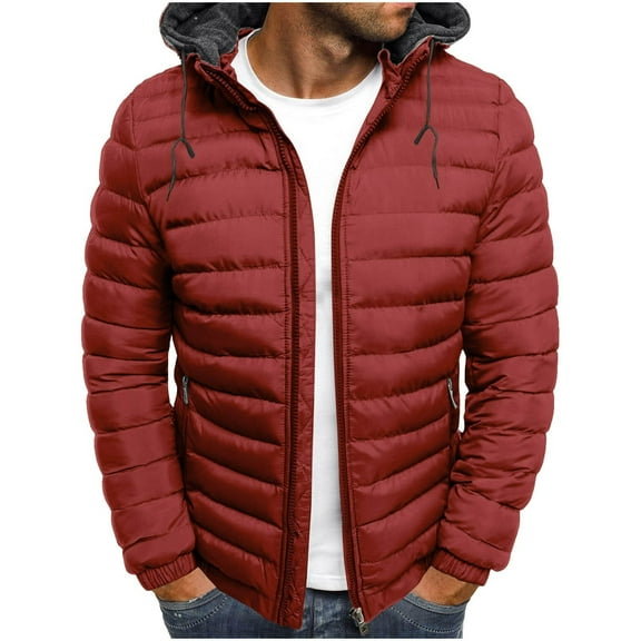 USNSM Men's Puffer Jacket Winter Quilted Hooded Jackets Lightweight Warm Winter Coats Water-Resistant Windproof Insulated Coats Red XS