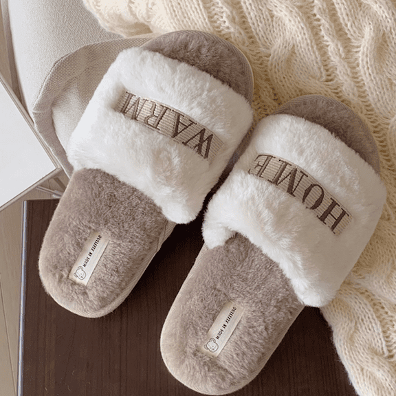 Plush Home Slippers, Warm Fuzzy Indoor Slides with Embroidered Text, White and Gray（Size：9-10）