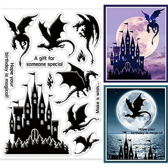 Vintage Castle Clear Stamps Medieval Style Western Dragon Transparent Stamps Text Silicone Clear Stamp Seals for DIY Scrapbooking Art Journals Decorative Cards Making