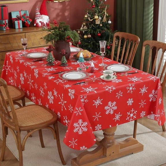 SASTYBALE Christmas Red Table Cloth Rectangle, Snowflake Print Flannel Backed Vinyl Tablecloth for Rectangle Tables, Waterproof PVC Plastic Table Cover for Christmas Winter, Holiday Party