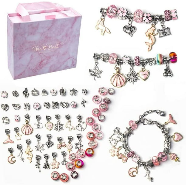 64 pièces Kit de fabrication de bijoux de Noël Bracelet à breloques  colliers présent ensemble de perles en alliage Pandora Bracelet enfant  bricolage (rose) 