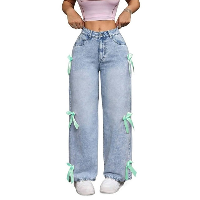 Pantalones de mezclilla de pierna recta con lazo lindo for mujer, pantalones vaqueros casuales holgados de talle alto, pantalones de moda Y2K con bolsillos