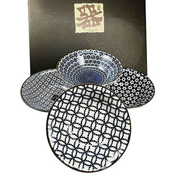 Made in Japan Blue Geometry Glazed Ceramic Rice Meal Soup Dining 5.5" Diameter Bowl Set Serves Four Great Gift Housewarming Asian Living Home Decor Kitchen Accessory Serving Dishware