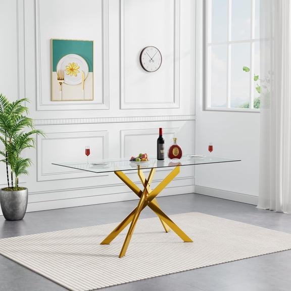 51" Glass Dining Table for 4 Person, Rectangular Dining Room Table with Clear Tempered Glass Tabletop and Gold Metal Legs, Modern Kitchen Table for Home Kitchen