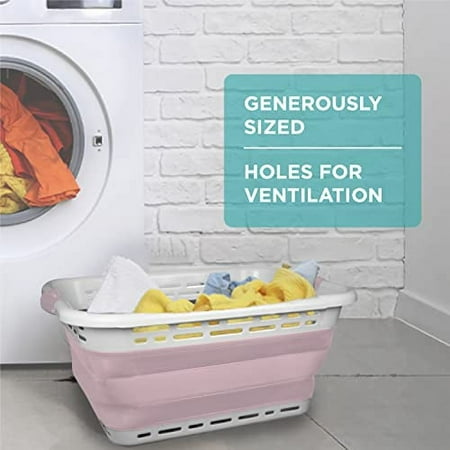 Brookstone 11 Gallon Collapsible Plastic Laundry Basket, Portable Pop-up Hamper, Foldable Storage Container, Washing Tub, Pink