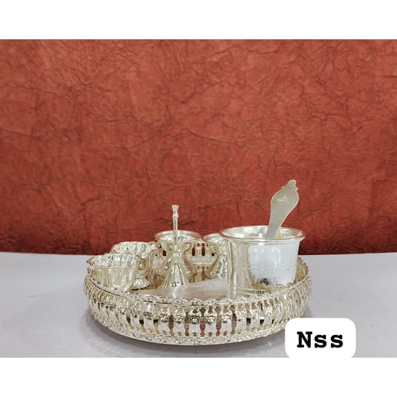 german silver pooja thali set of 8 pieces for home pooja/ diwali/ housewarming