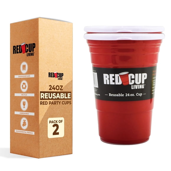 Red Cup Living Red Party Cups - Reusable Large Plastic Cups, Ideal for Parties & Travel | Leak-Proof Coffee Juice Tumbler, Christmas Gifts, BPA-Free, Dishwasher Safe (2, 24 Oz - Red)