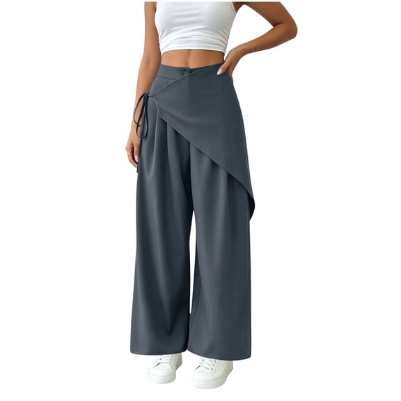 Admvng Womens Pants with Drawstring Detail Wrap Wide Leg High Waist Trousers