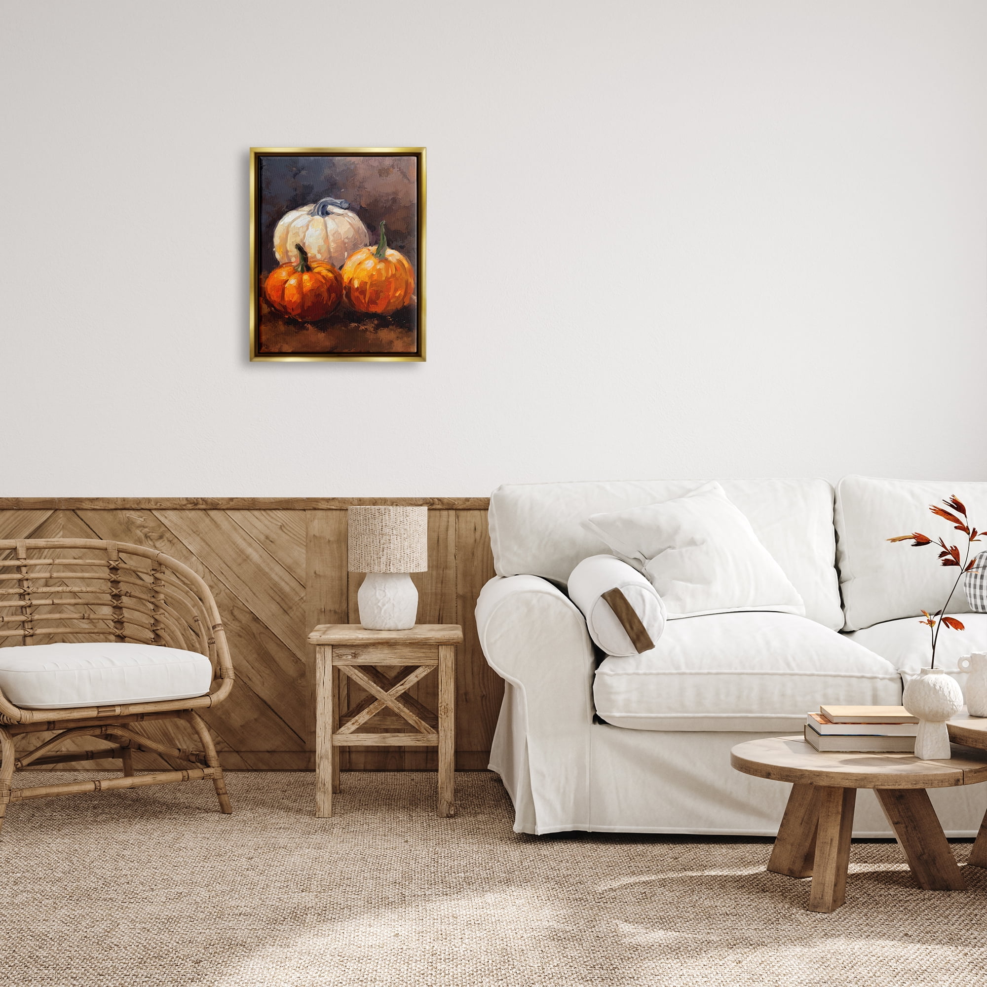 Stupell Industries Pumpkin Painting Still Life Holiday Painting Gold Floater Framed Canvas Art Print Wall Art, 17 x 21