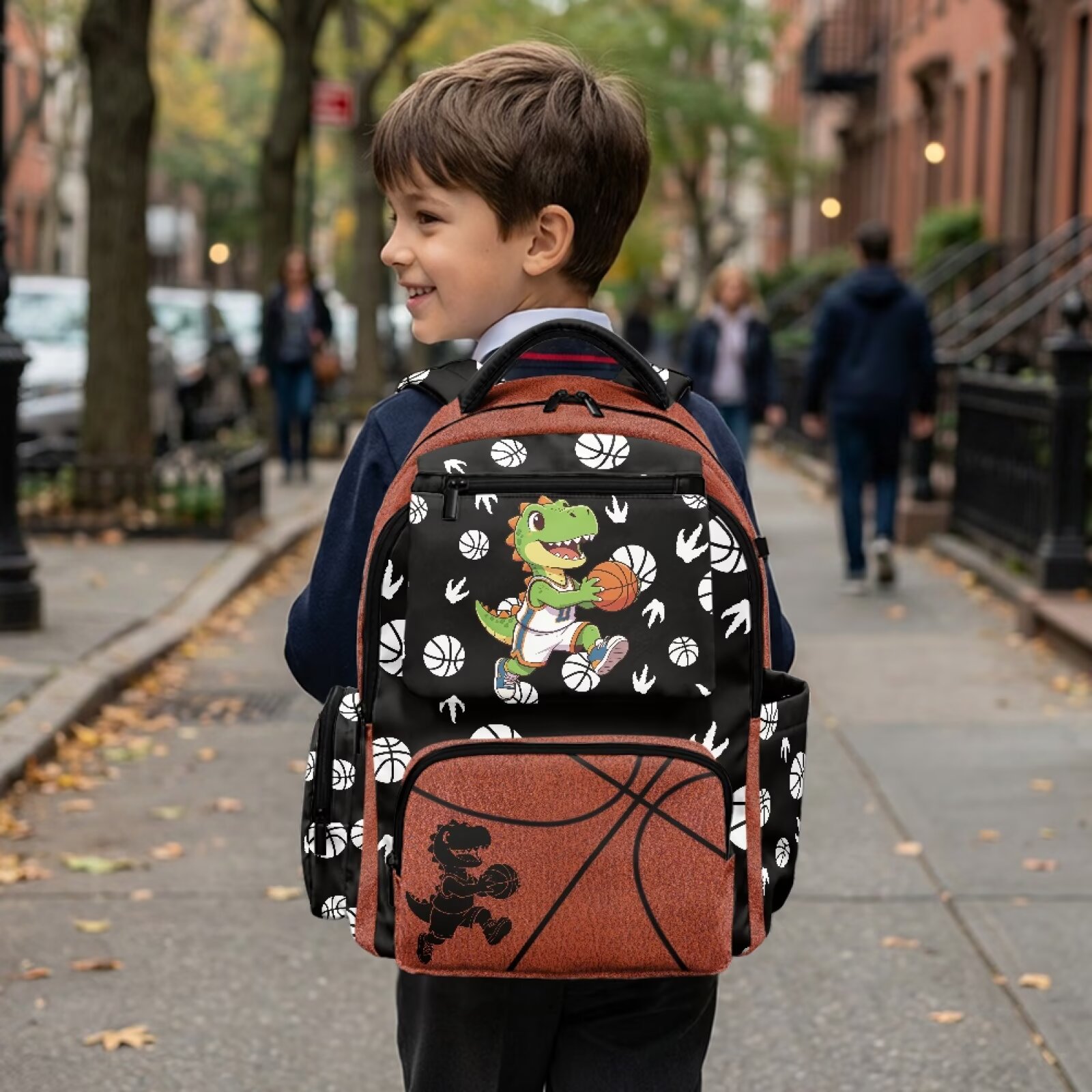 Mochila escolar para niños de 17 pulgadas, gran capacidad, resistente al agua, poliéster, ligera, con estampado de baloncesto y dinosaurio, para primaria, viajes y senderismo 4
