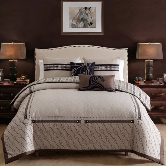 Bebejan Equestrian 100% Cotton Sateen 5 Piece Reversible Comforter Set, Queen, All Season, Cozy Comfort