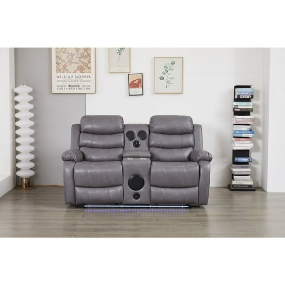 Kingway Faux Leather Manual Reclining Loveseat with LED Lights and console