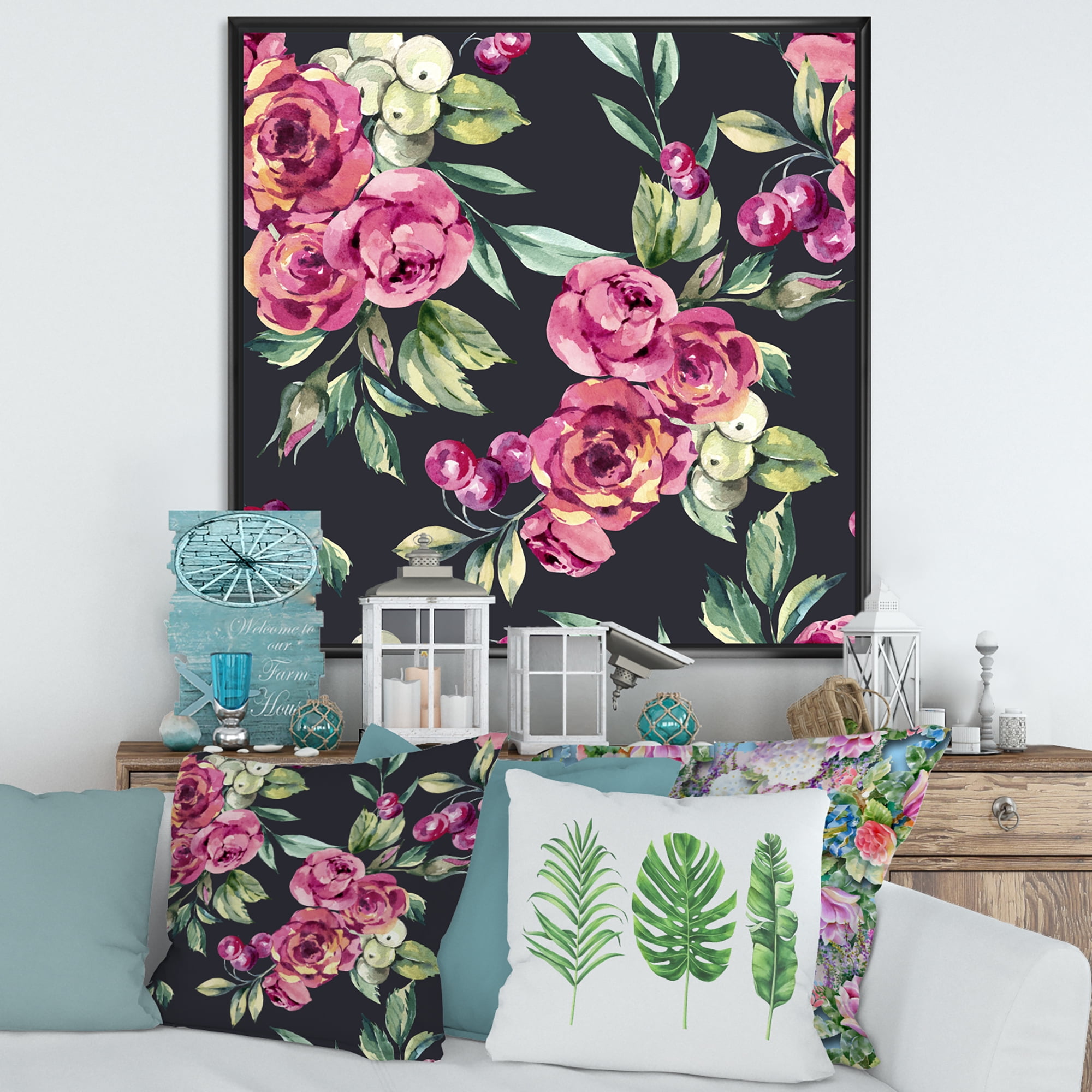 Designart 'Red VIntage Roses and Berries On Black Background' Farmhouse Framed Canvas Wall Art Print