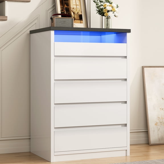 Vipuse Larger White 5 Drawer Dresser for Bedroom with LED Light, Modern Chest of Drawers with Hidden Handles, Tall Wooden Dresser Closet for Living Room, Entryway, Hallway - White