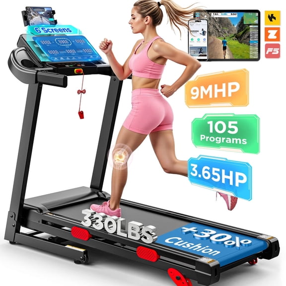 3.65HP 9MPH Treadmill for Home, 330LBS Capacity, Folding Treadmill w/ Incline & 105 Programs, Virtual Run with APP Control, Air damping System, Portable Exercise Equipment for Jogging Walking