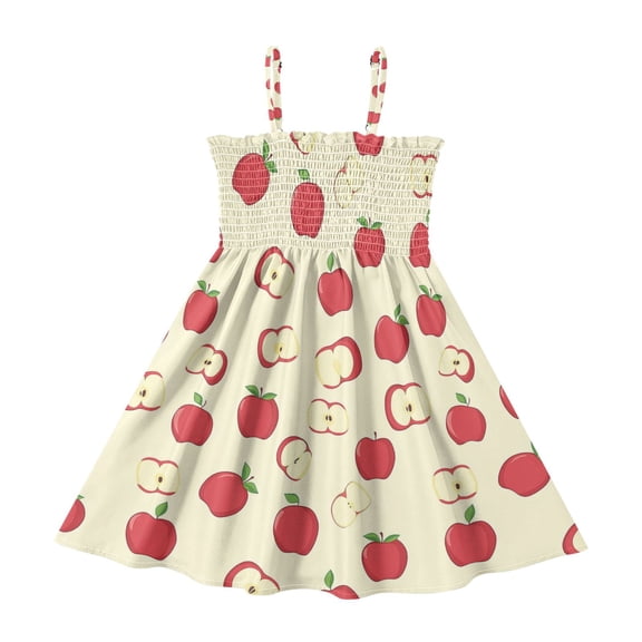 Little Girls Sleeveless Sundress Pleated Ruffle Trim Smocked Top Casual Spaghetti Strap Summer Dress Red Apple Pattern 2Y